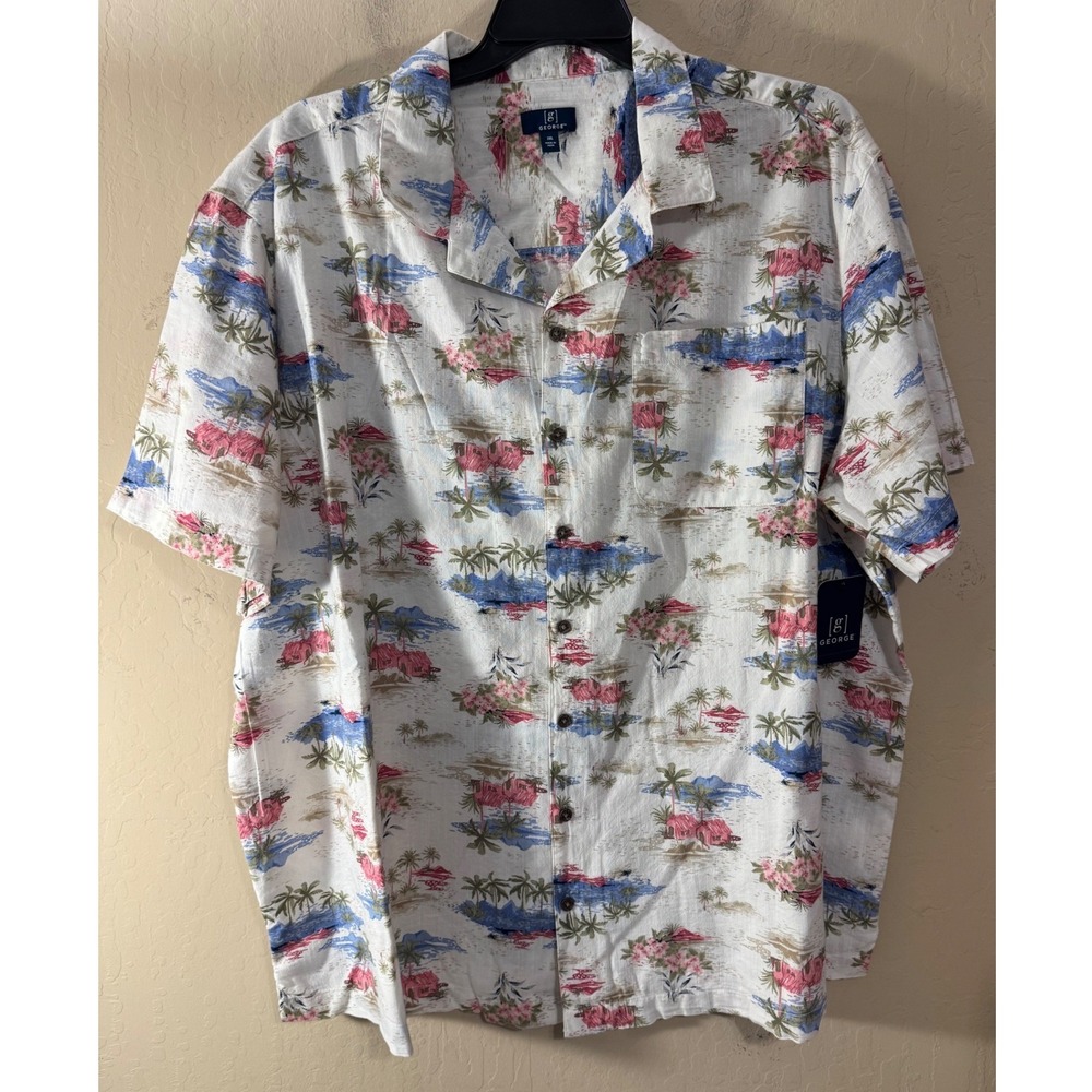 George Camp Shirt Men 3XL Tropical Beach Scene Linen Blend Short Sleeve NEW